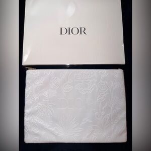 Dior White Etched Floral Velvet Pouch with Gold Sealed Zipper. New in Box GWP